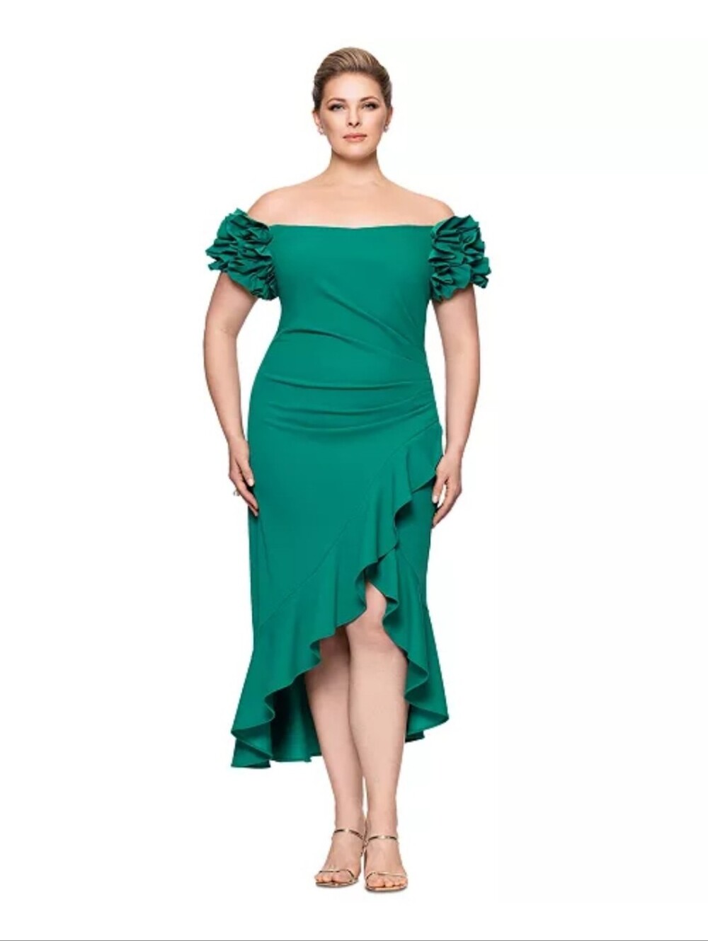 Xscape Green Ruffle Shoulder High Low Formal Gown Dress 22W Plus Size $249